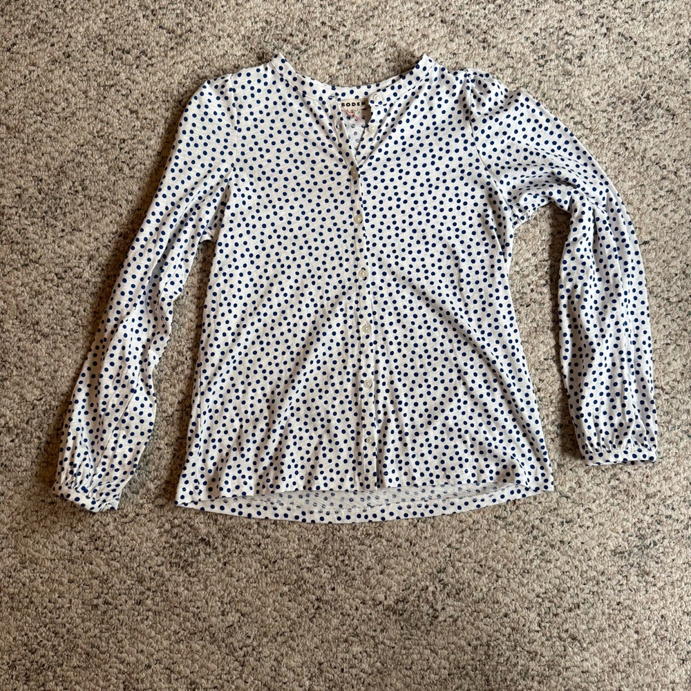 Boden White and Blue Polka Dot Button Up Blouse